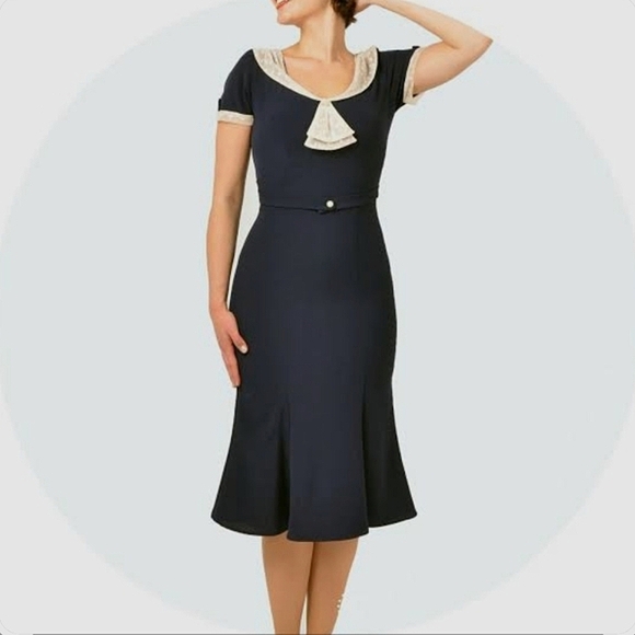 Stop Staring Raileen Navy & Cream 1940s Style Midi Dress Form Fitting Cap Sleeve - Picture 2 of 12